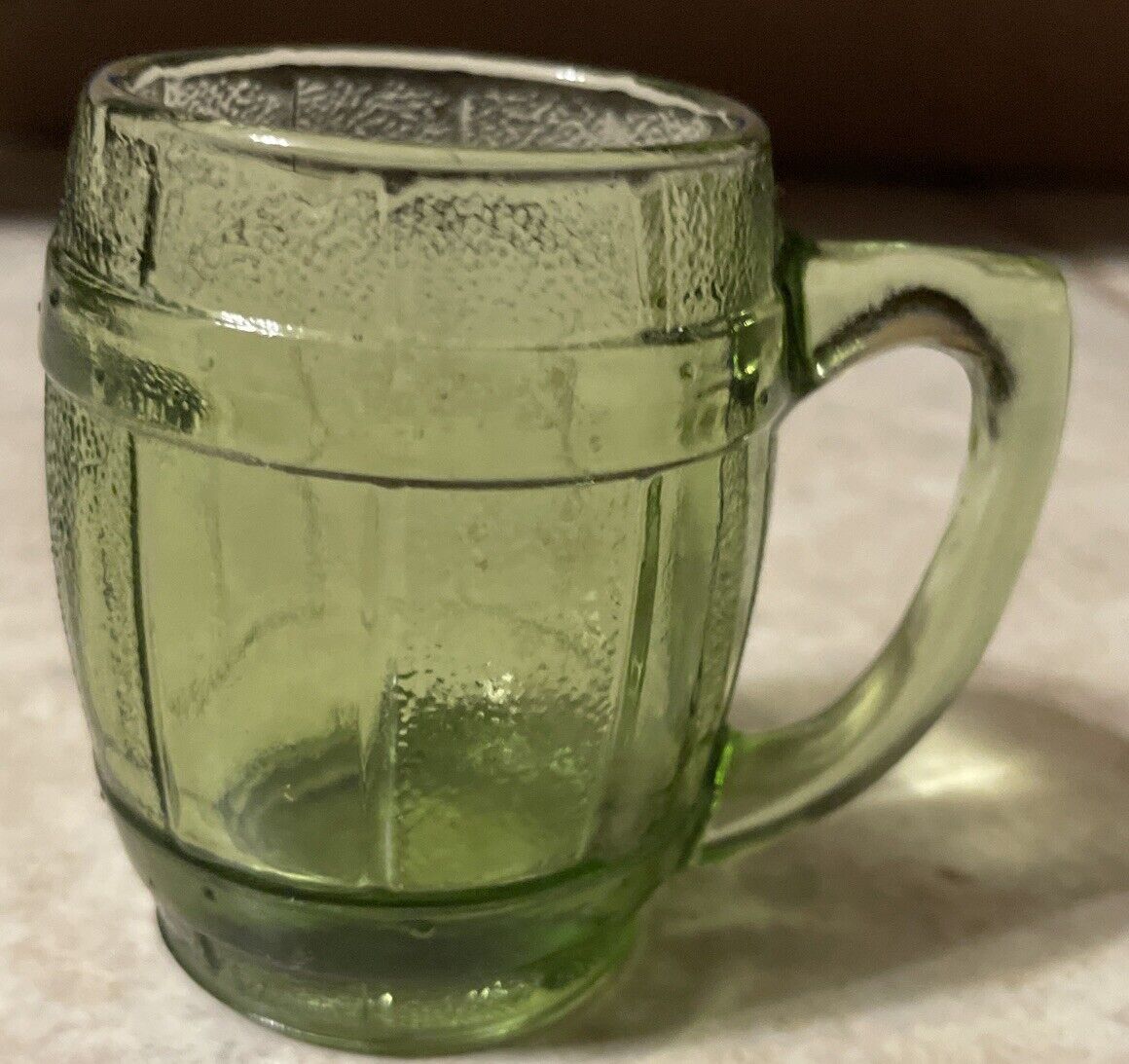 small green glass toothpick holder shot glass barrel design 2.5\