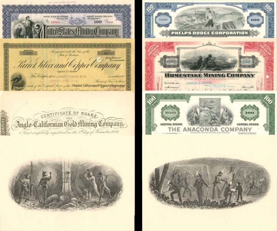 Collection of 6 Mining Stock Certificates and 2 Mining Prints - Dated from 1850\'