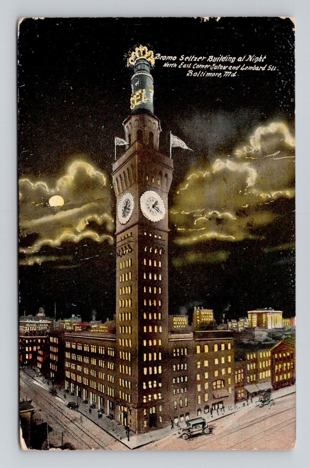 Postcard Bromo Seltzer Building at Night Baltimore Maryland MD, Antique B15