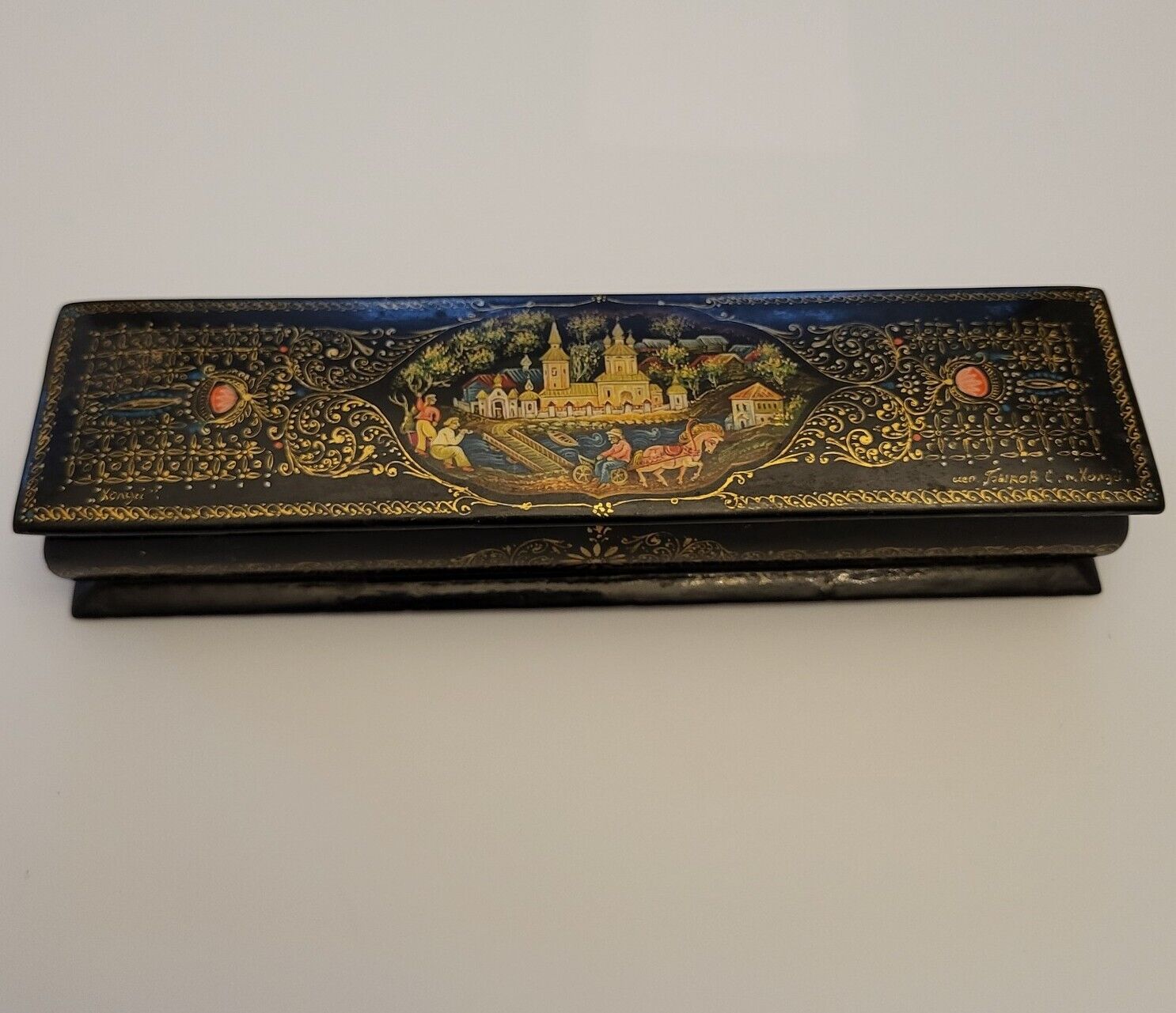 Russian Antique Signed Lacquer Box Hand Painted Village River Scene