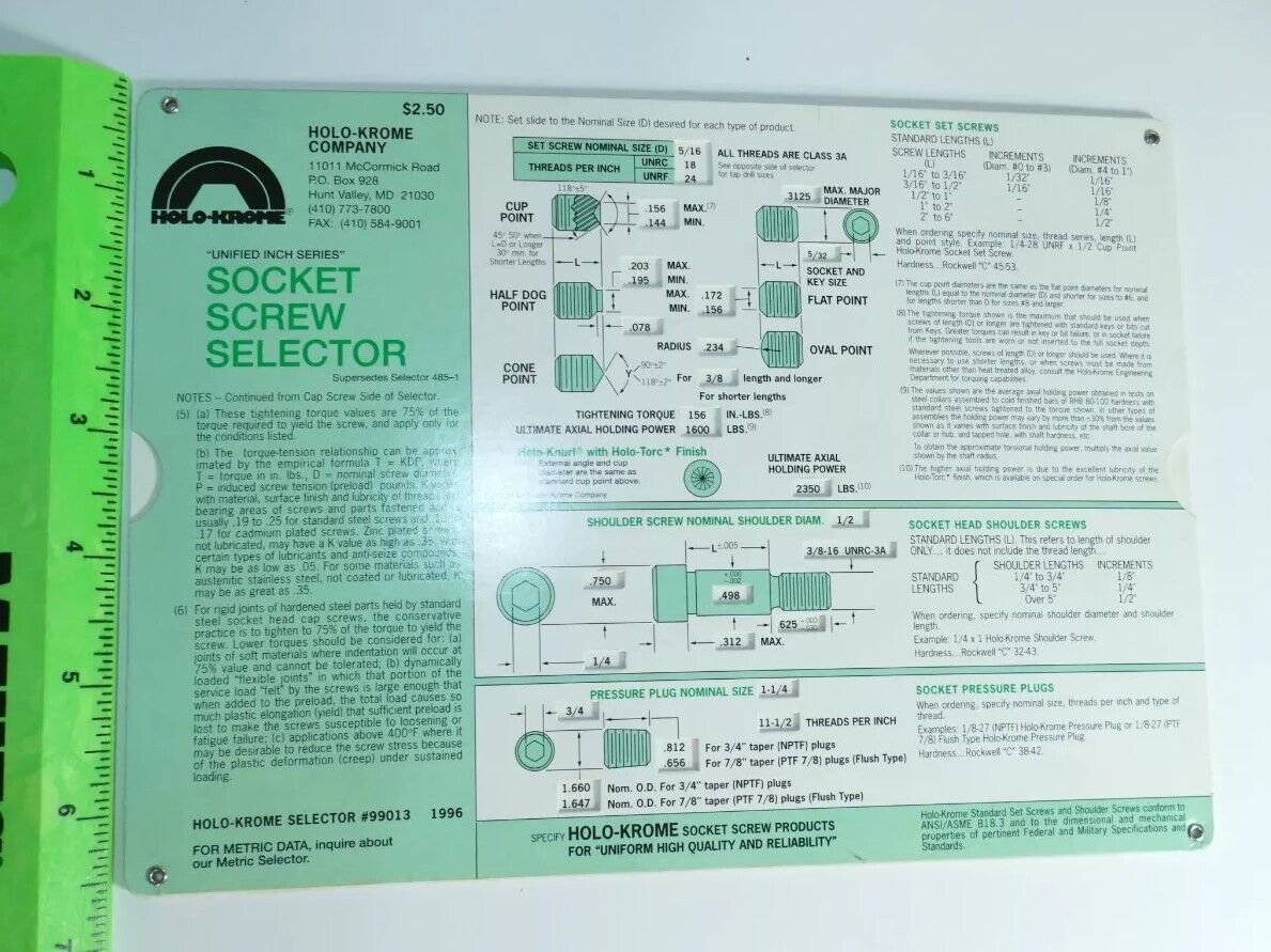 Vintage Holo-Krome Slide Rule Calculator Socket Screw Selector 1996 Engineering 