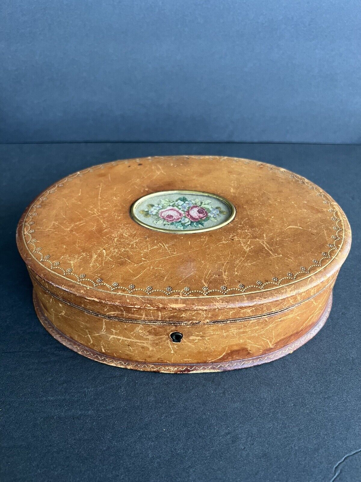 Rare oval antique leather jewelry box Made in Austria