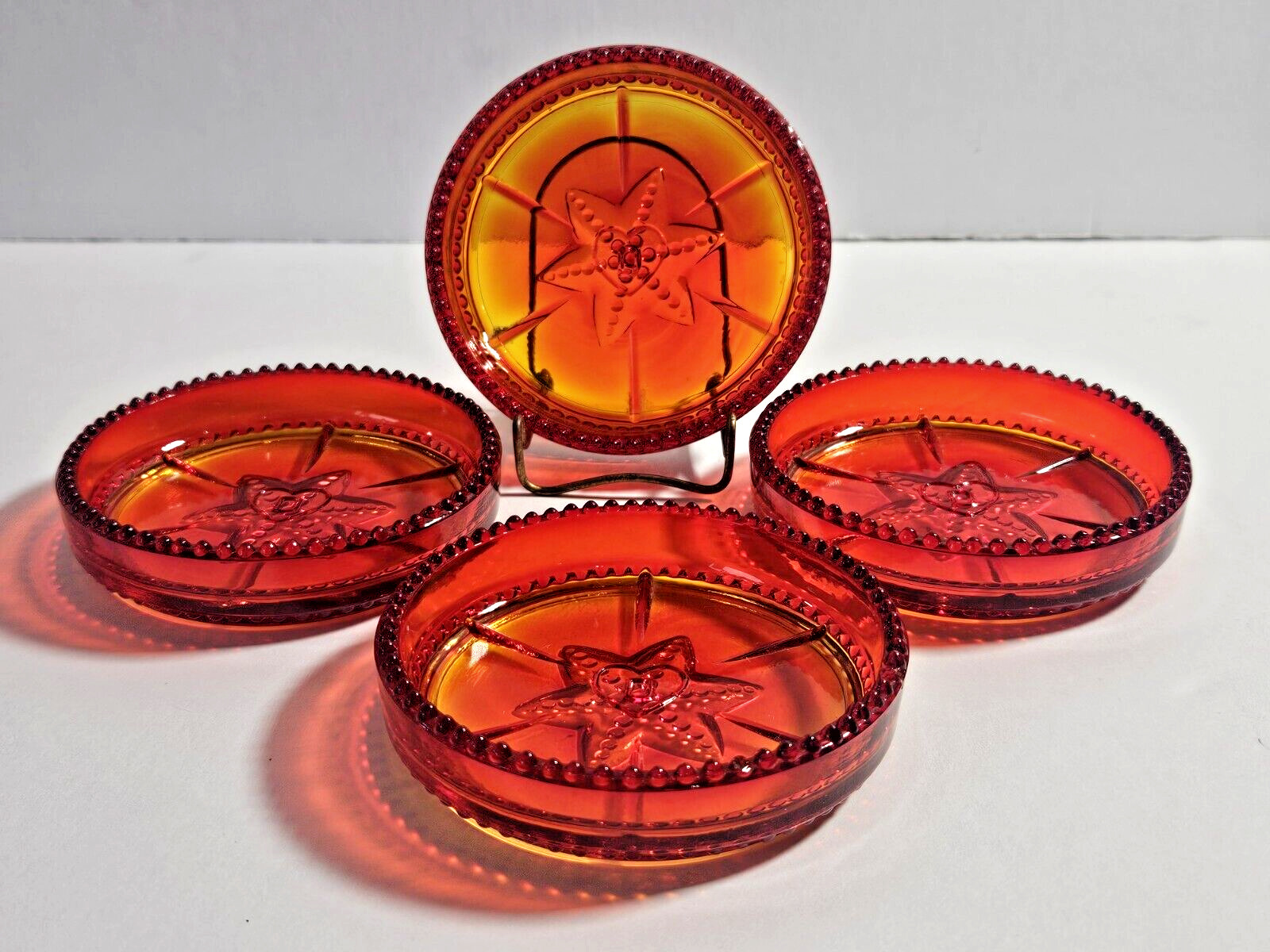 Rare Vintage Degenhart Amberina Beaded Star Barware Coasters (4) Glows