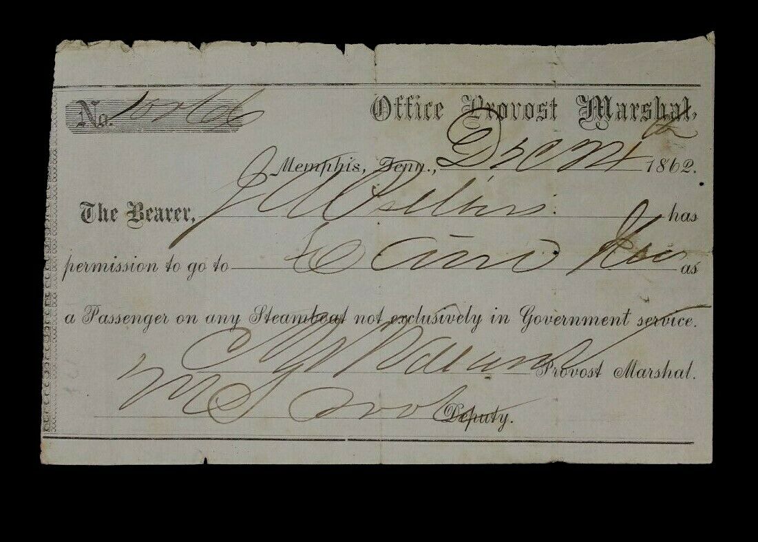 AUTHENTIC 1862 MILITARY TRAVEL PASS FROM THE OFFICE OF THE PROVOST MARSHALL