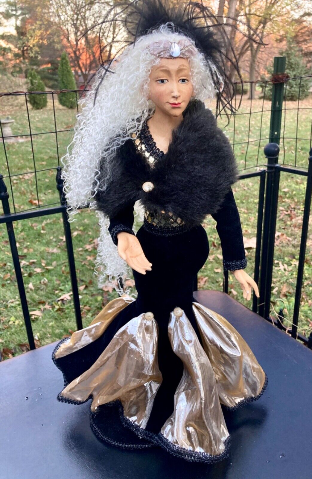 Handmade Fairy Doll in Black and Gold Velvet Dress composite face and hands 24”