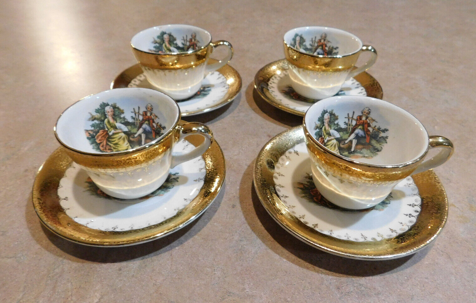 Eastern China USA colonial couple 22k demitasse cup and saucer set of 4