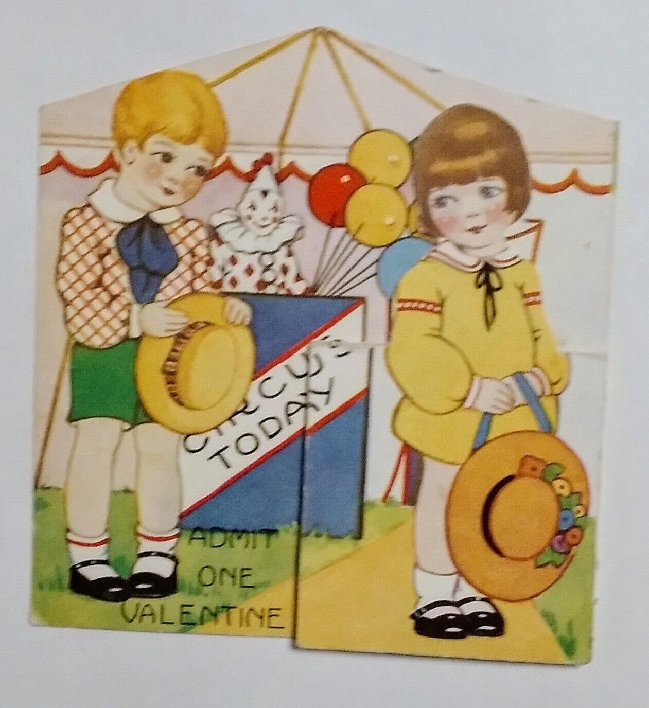 Circus Tent Valentine w/ Boy & Girl Clown Vintage 1930s Folding Stand-Up Card