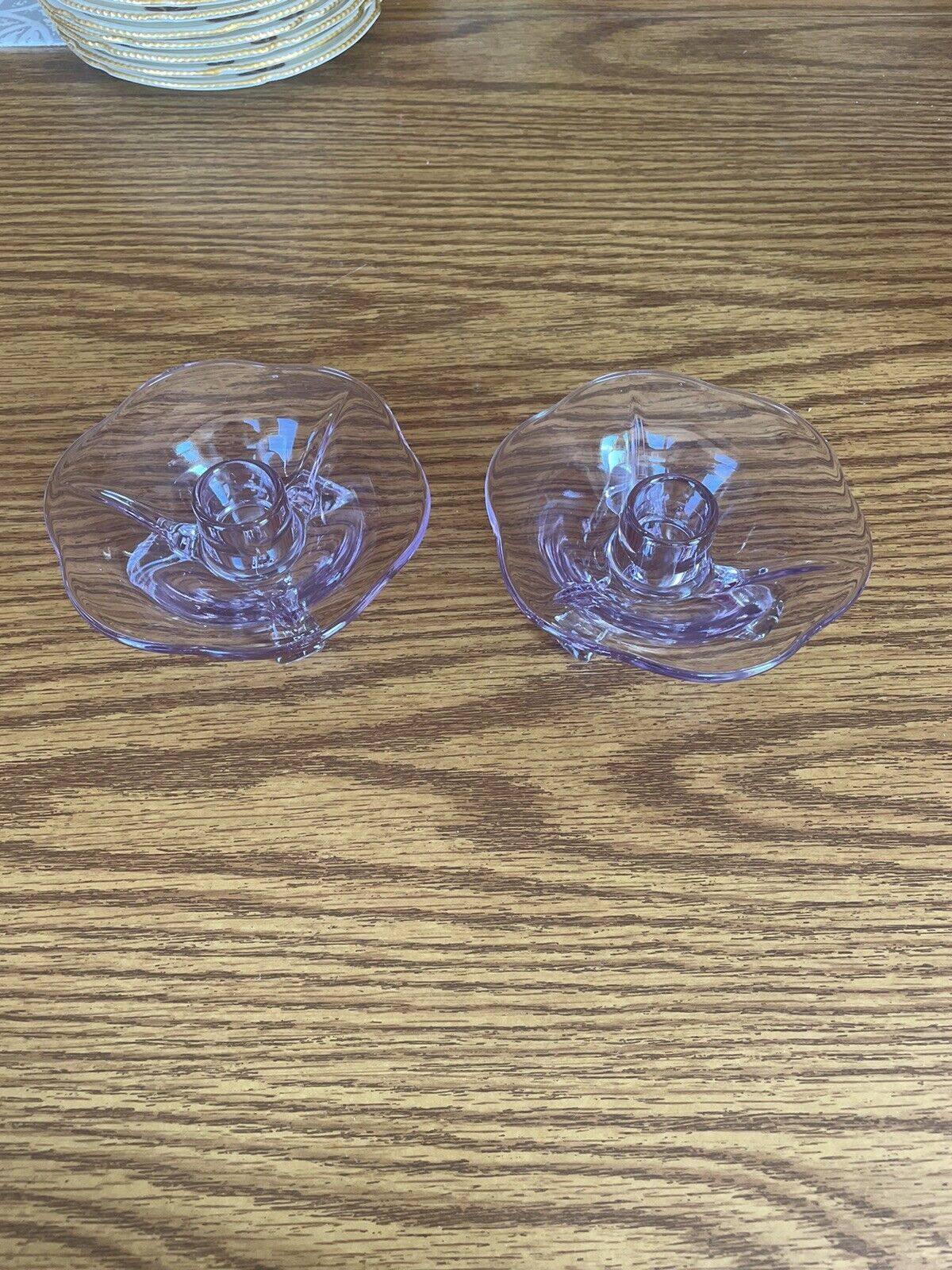 Vintage Fostoria Wisteria Glass 2 Footed Candle Holders Purple Color Change Blue