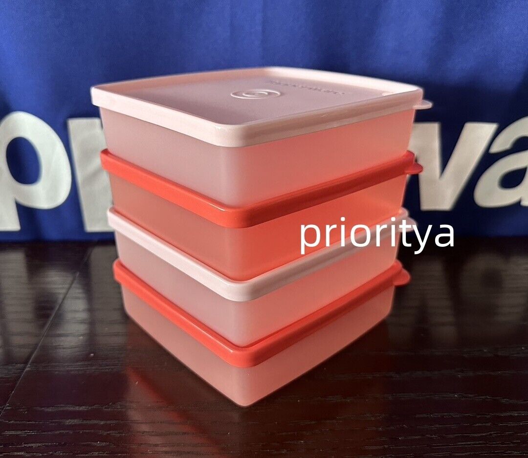 Tupperware Square Away Container 400ml / 13oz Set of 4 Pastel Pink Coral Red New