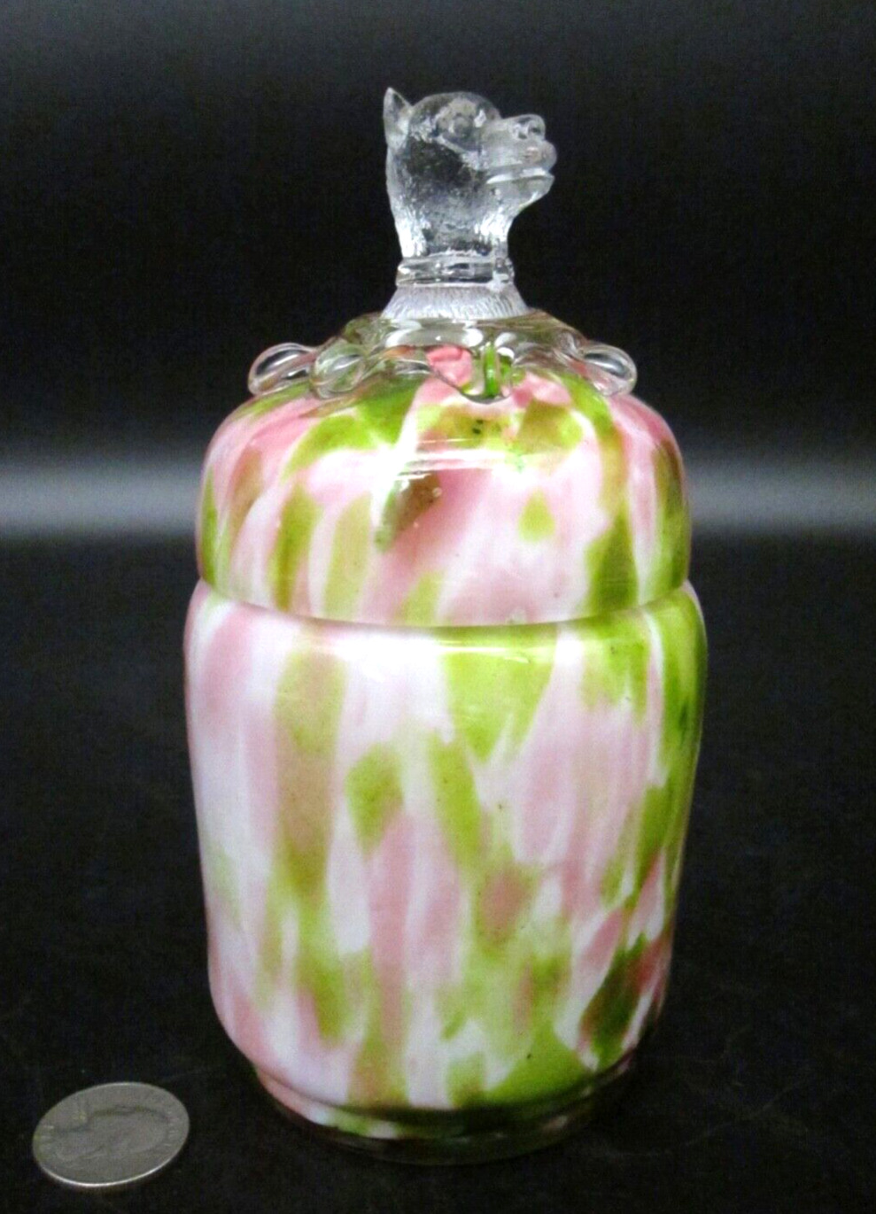 RARE Antique Bohemian Art Glass DOG Finial KRALIK WELZ Pink Green Aventurine Jar