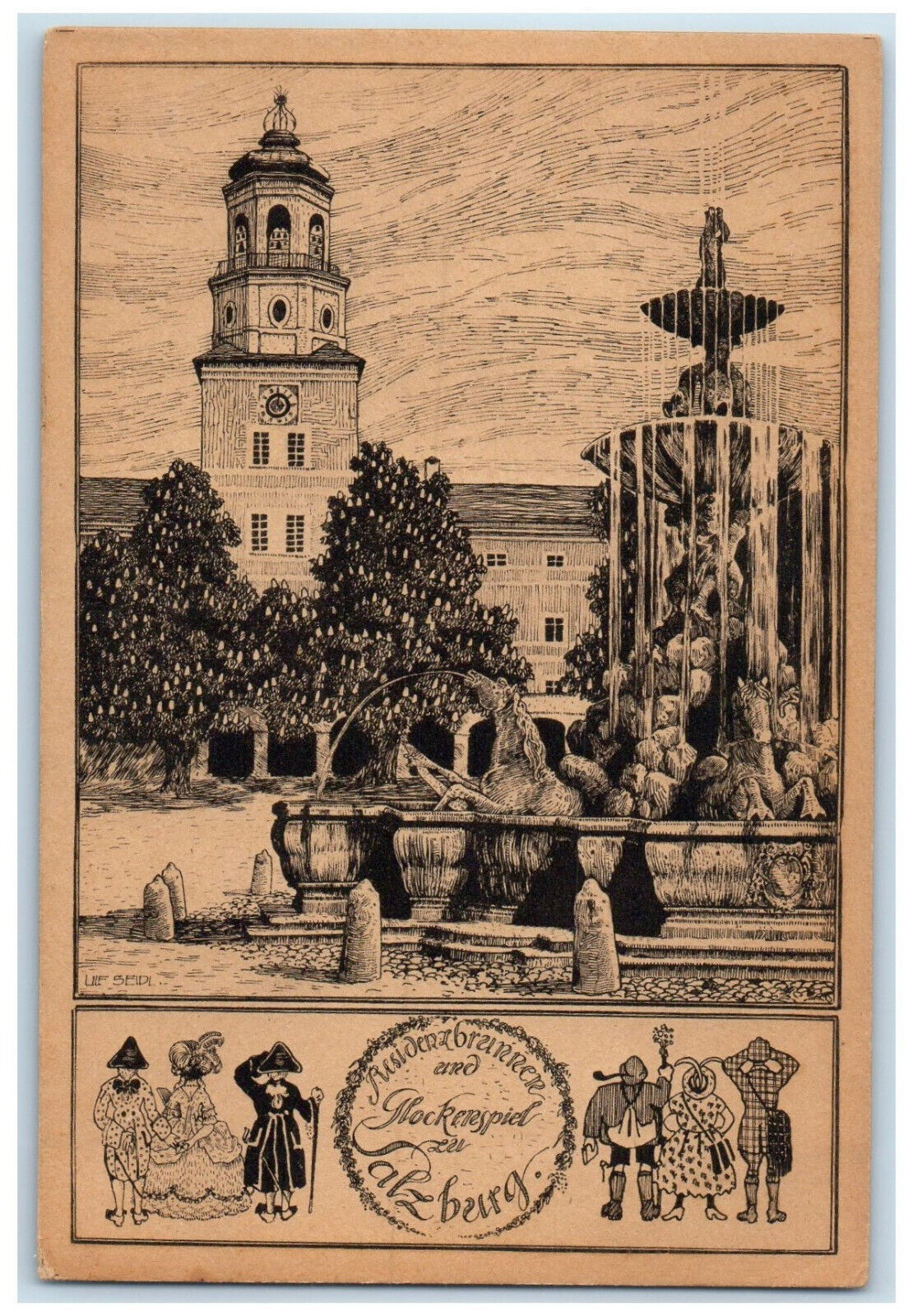 c1920's Residence Fountain with Statue Building Tower Salzberg Austria Postcard