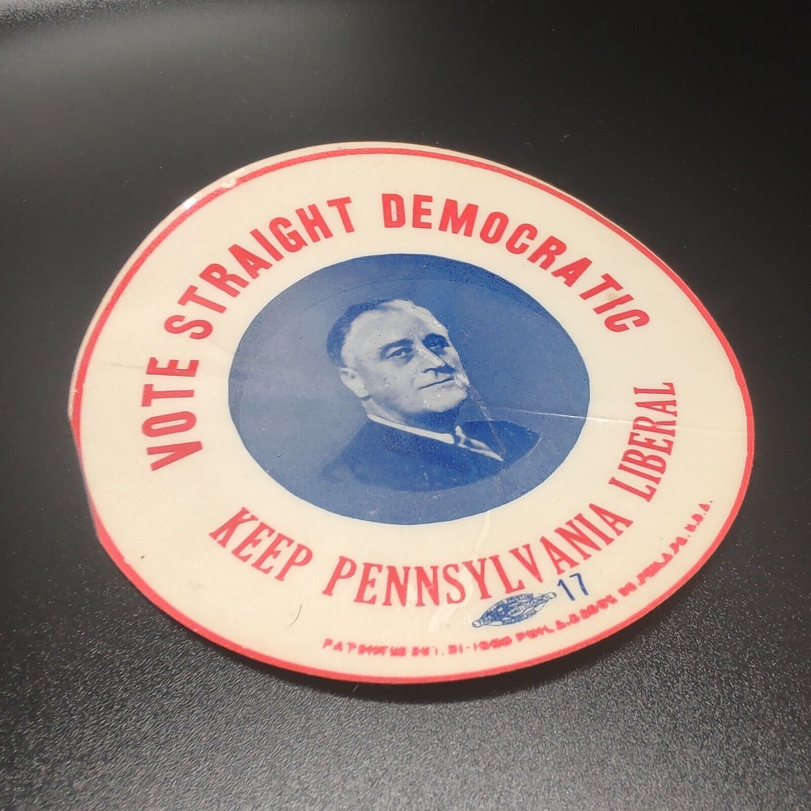 1936 FDR Vote Straight Democratic Keep Pennsylvania Liberal Roosevelt Car Decal