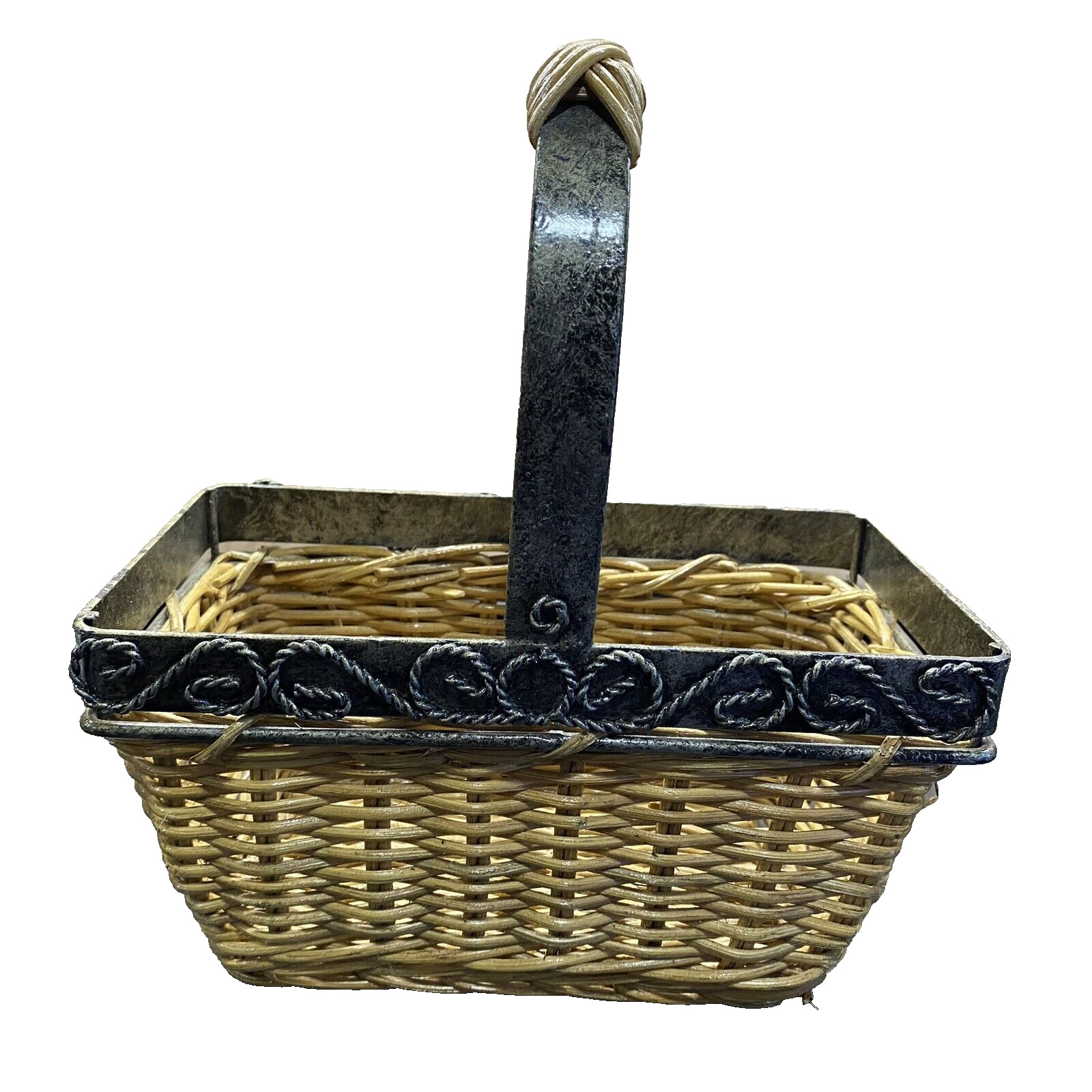 Woven Wood Basket Metal Engraved Rope Weave Pattern Top Handle Cottagecore