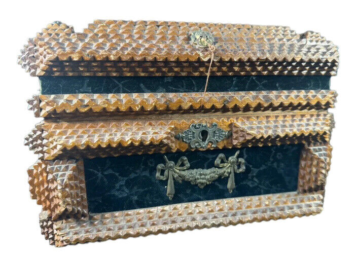 1890s tramp art sewing box trinket document with key ornate Victorian antique