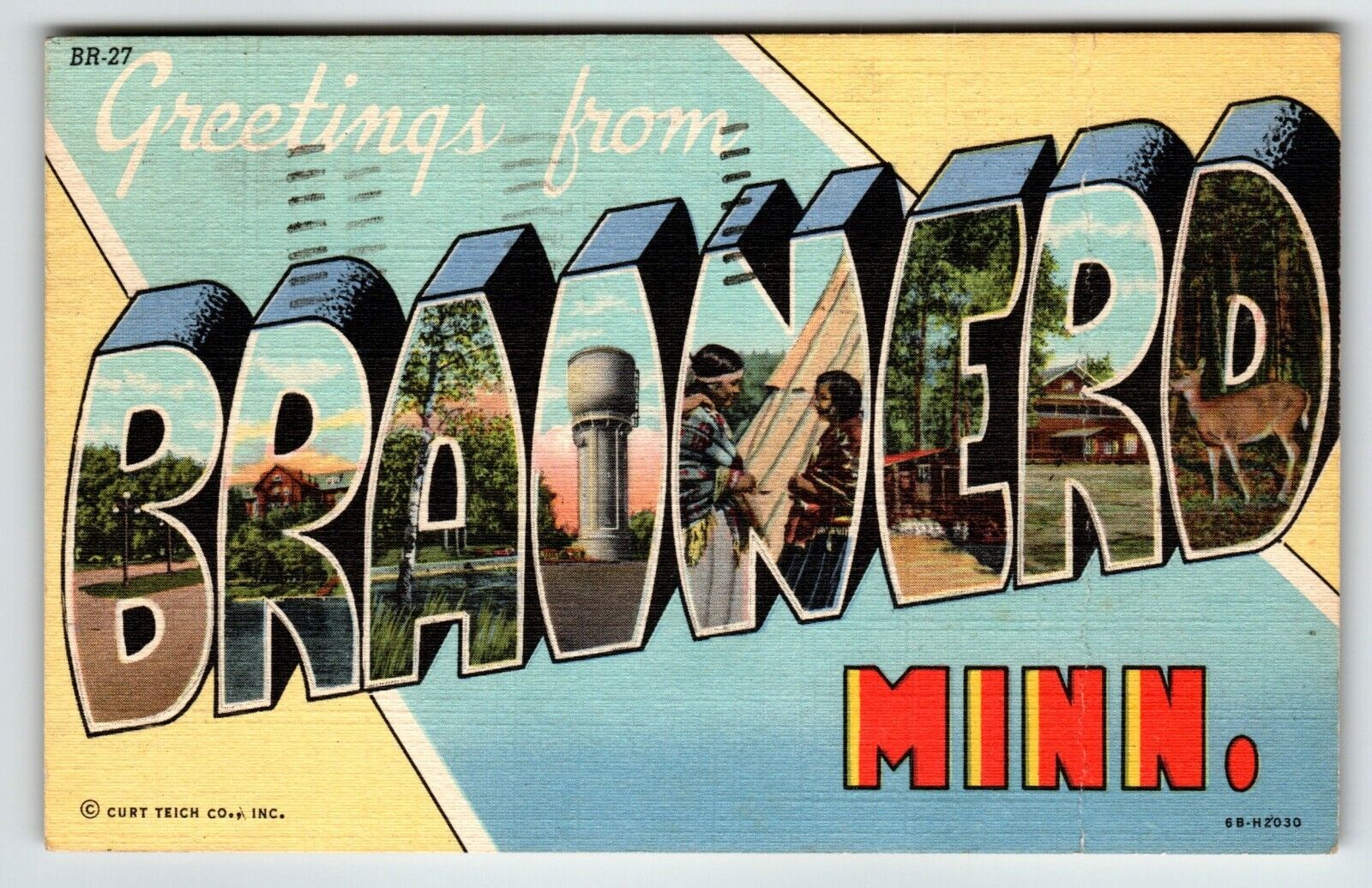 Greetings From Brainerd Minnesota Large Letter Postcard Linen Curt Teich 1949
