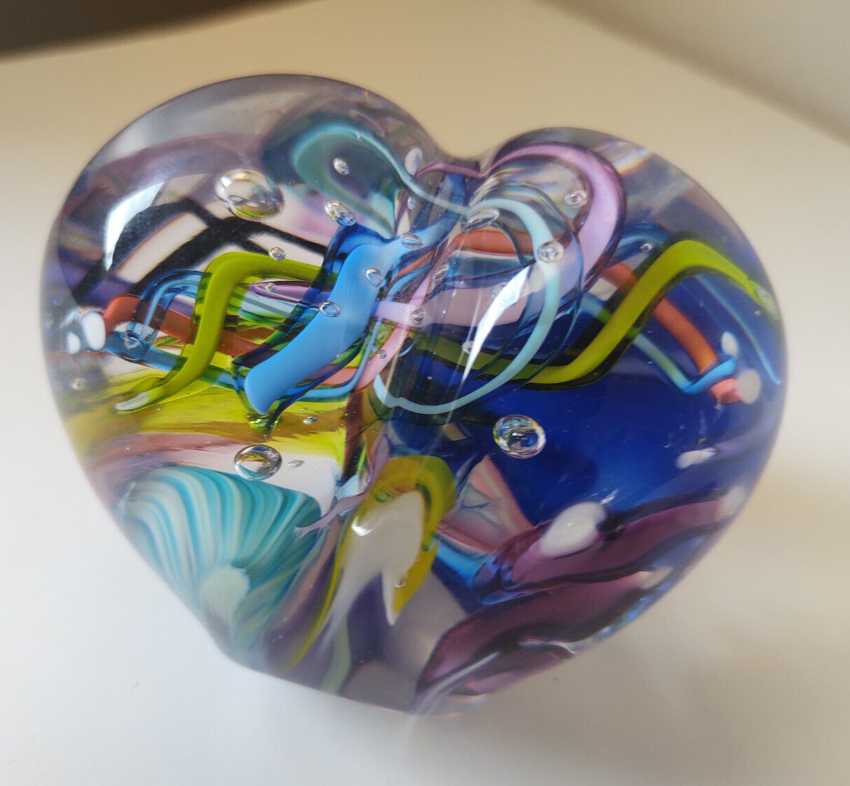 Art Glass Heart Multicolored Dichroic Paperweight signed by Artist Tommy Cudmore