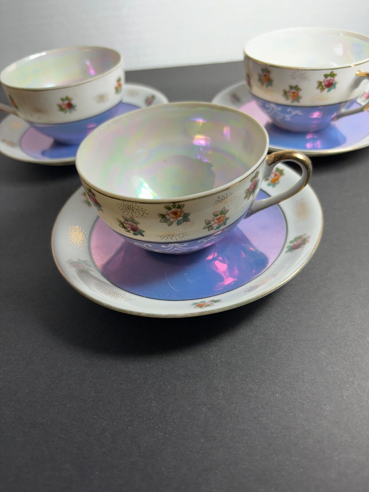 ANTIQUE CHINA TEACUP AND SAUCER IRIDESCENT HAND PAINTED LUSTERWEAR LOT OF 3 SETS