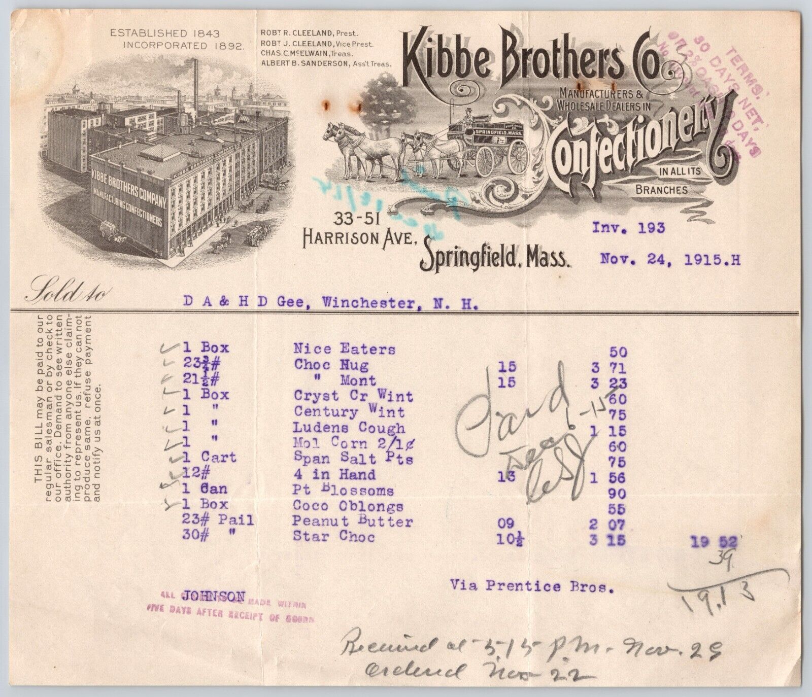 Letterhead 1915 Massachusetts Springfield Kibbe Brothers Confectionery Chocolate