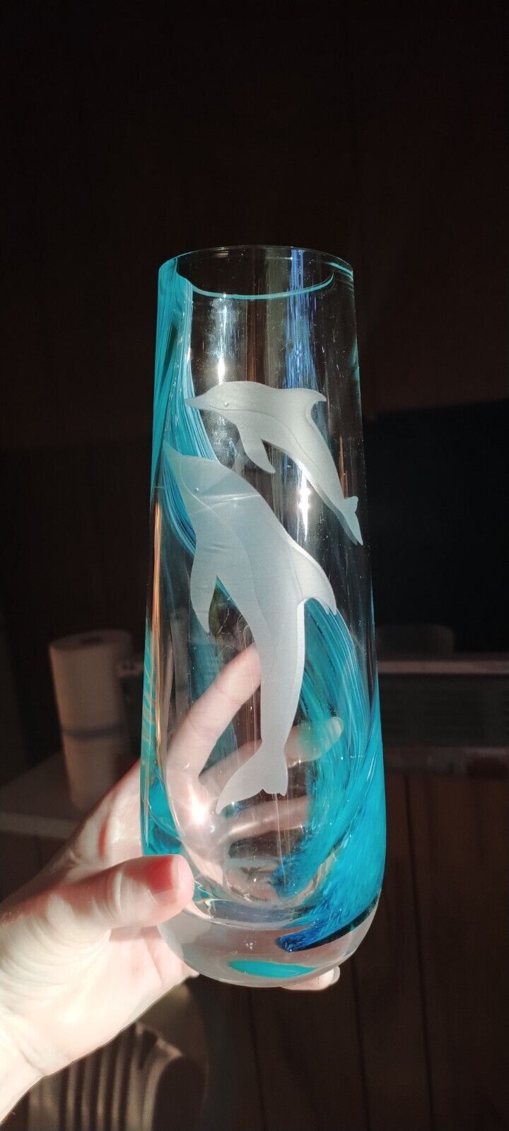 Vintage Etched Glass Dolphin Blue Swirl Infused Vase 9 in