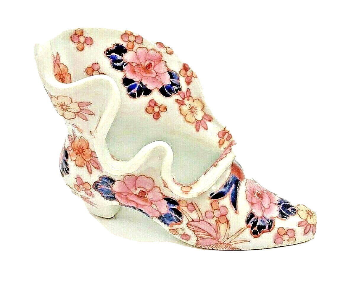 Blue Pink Ruffle Porcelain Victorian Style Shoe Boot Vase Planter 4.5”  VTG