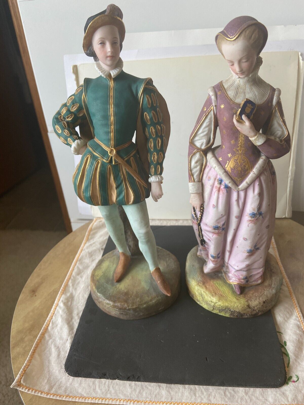 ANTIQUE FRENCH PAIR OF BISQUE FIGURINES BY JEAN GILLE  IN 16TH CENTURY CLOTHING.