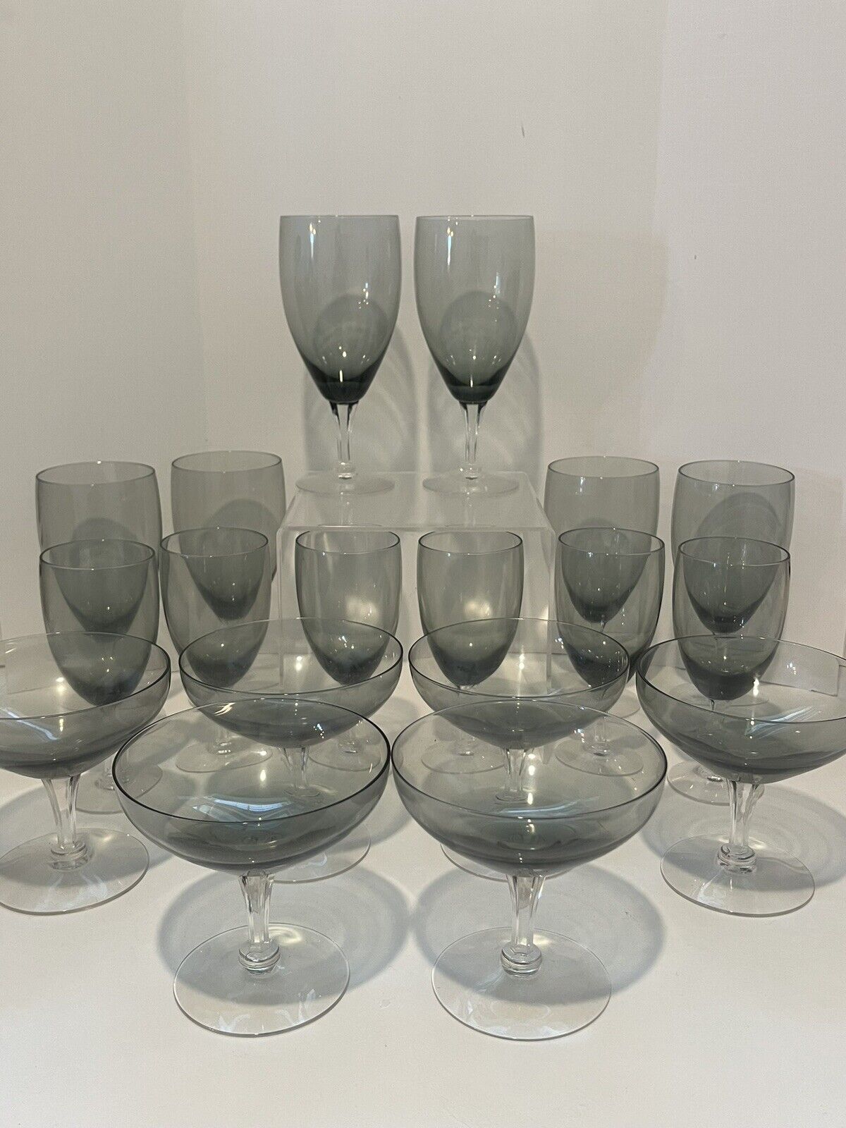 18 Piece VTG Fostoria Glassware Precedence Smoke Gray Wine Cordial Champagne