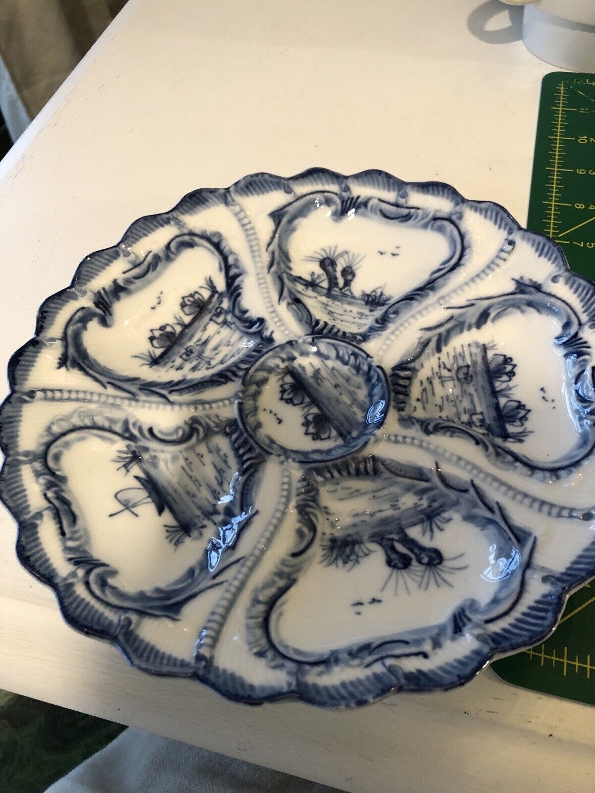 Antique Weimar Oyster Plate 5 Well, Painted in Blue, Ship Motif
