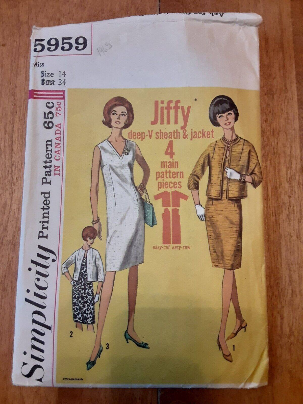 VNT Simplicity Pattern 5959 Miss Size 14 Bust 34 Sheath Dress Jacket 1965 
