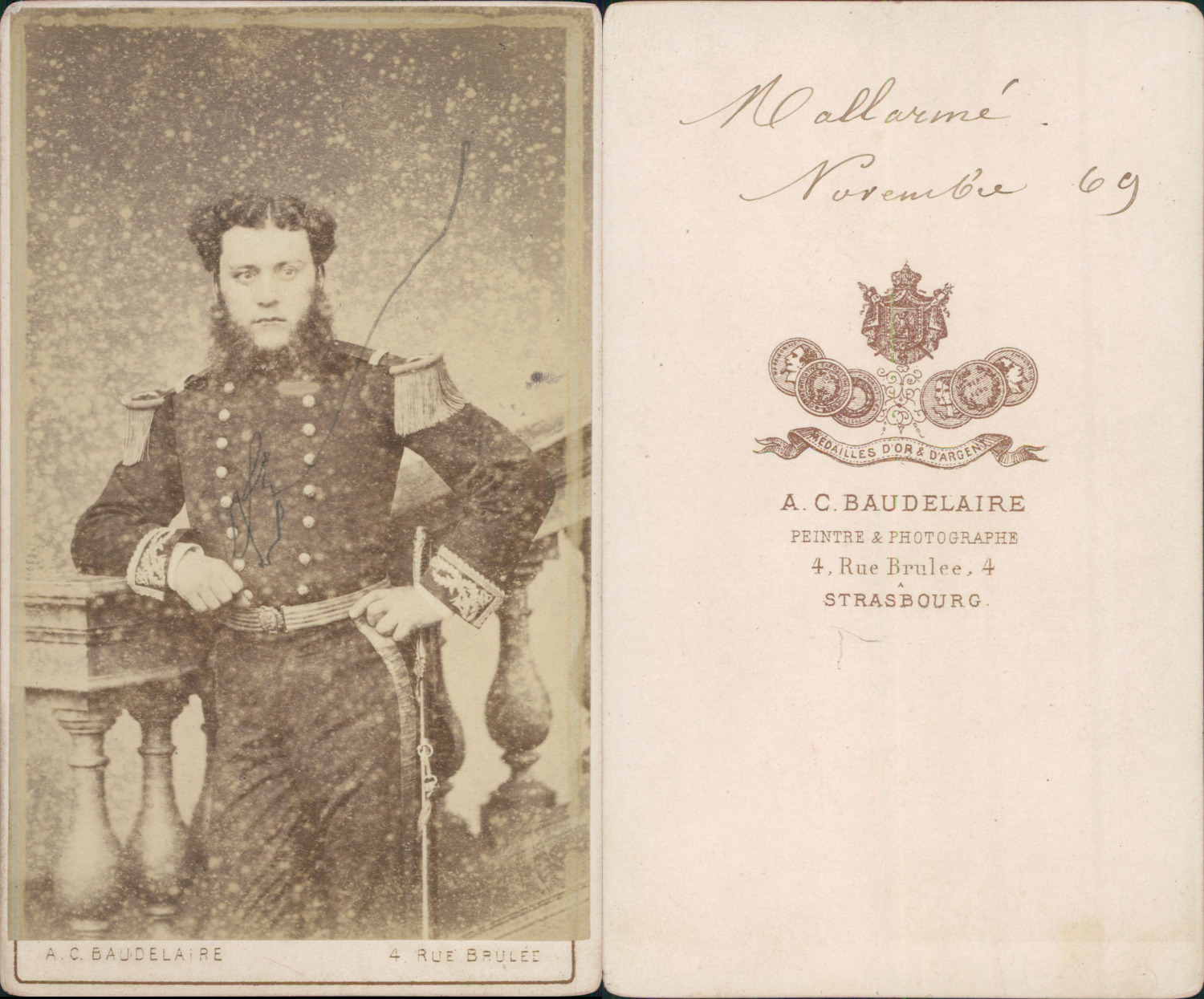 Baudelaire, Strasbourg, Military named Mallarmé, 1869 CDV vintage albumen card