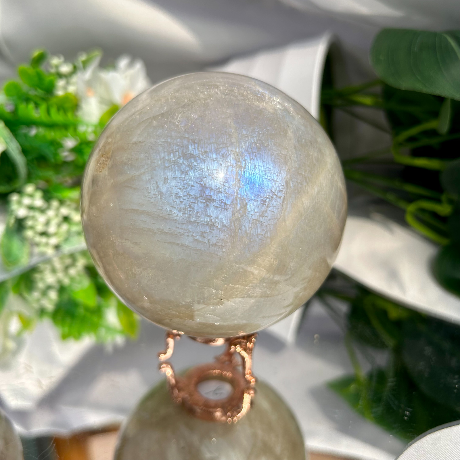 Natural Gray Moonstone Crystal Sphere Polished  Stone Ball Display Healing