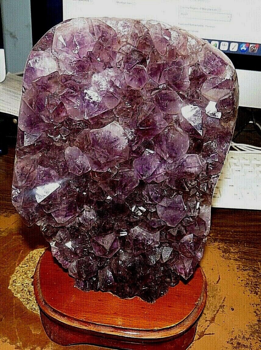 LG. AMETHYST  CRYSTAL CLUSTER  GEODE F/ BRAZIL CATHEDRAL WOOD  STAND 