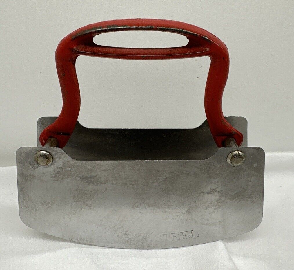 vintage stainless steel meat / food chopper / cutter with red cast iron handle