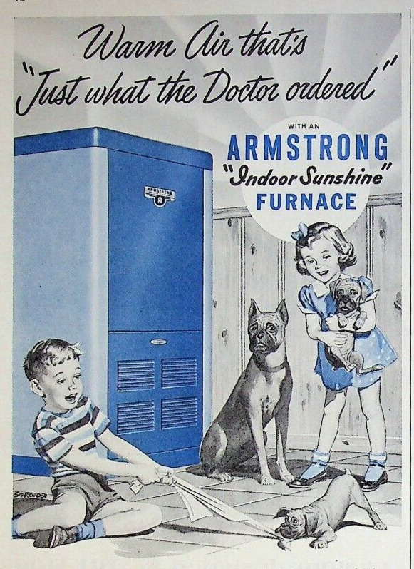 1953  Boxer Dog Puppies Armstrong Indoor Sunshine Furnace Vintage 1950s Print Ad