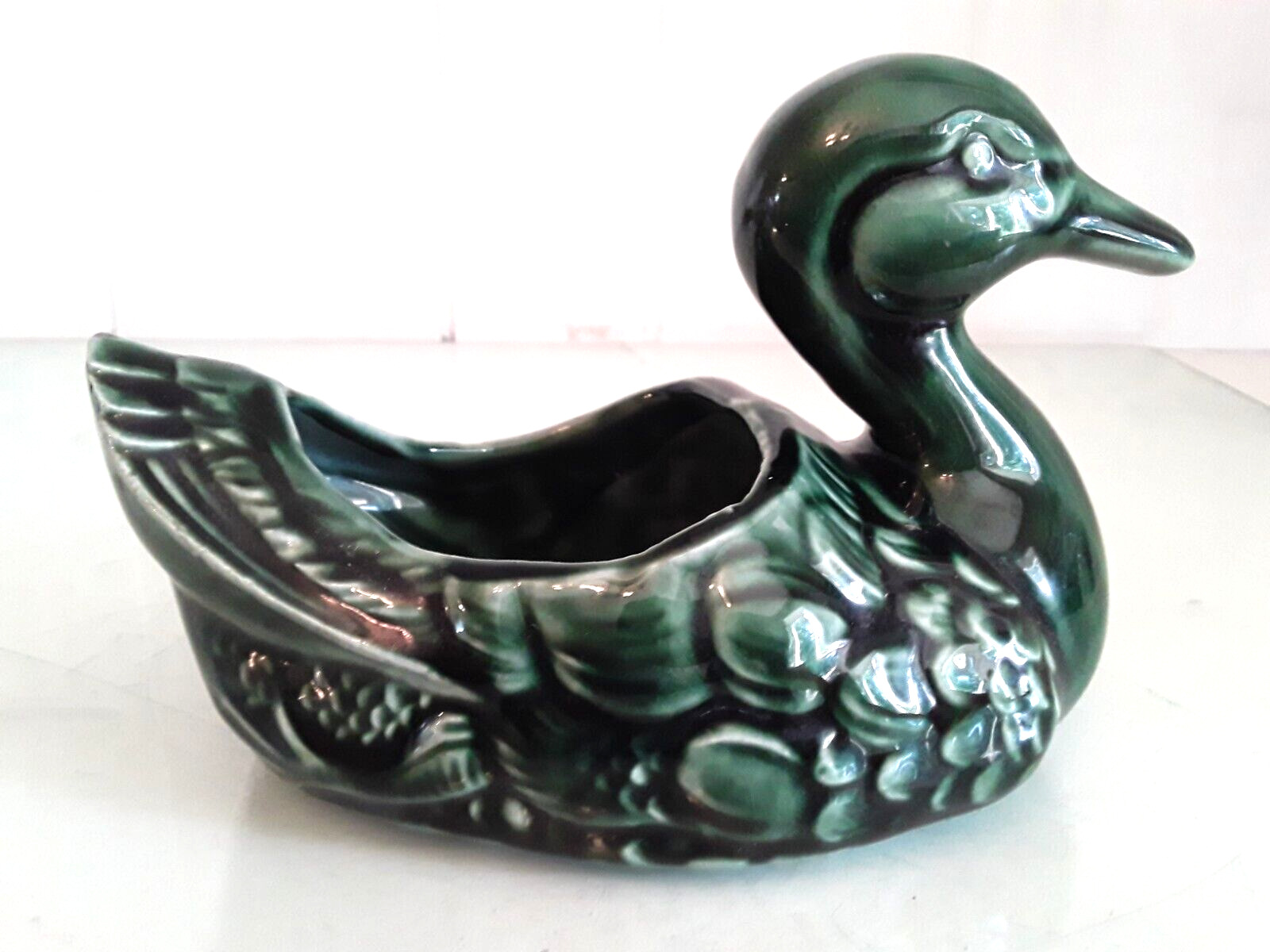 Vintage Mid Century Deep Green Duck Planter Marked MF4 Made in USA 6.5 x 4.5 In