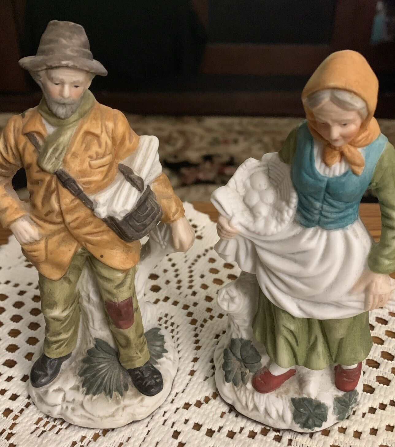 Pair Of Vintage Hand Painted Farmers Old Lady & Man