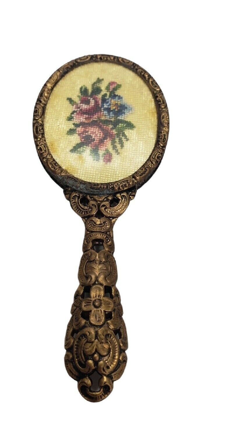 Vintage Hand Held Travel Vanity Mirror Pierced Brass With Embroidery Back