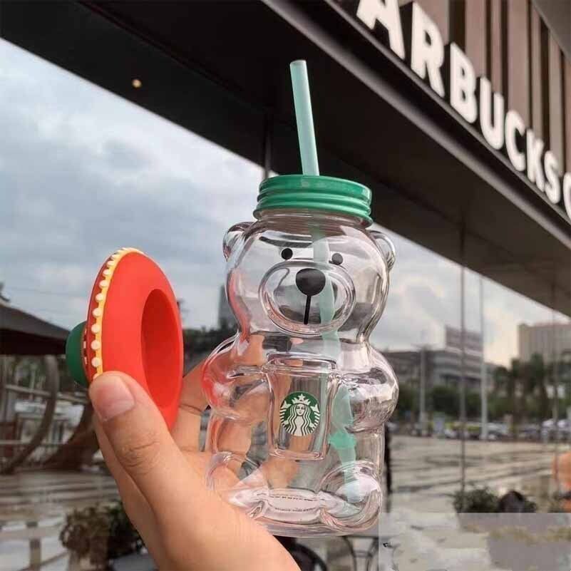 New Starbucks China 2023 Cute Lami Bear 503ml Glass Milk Coffee Cup With Straw