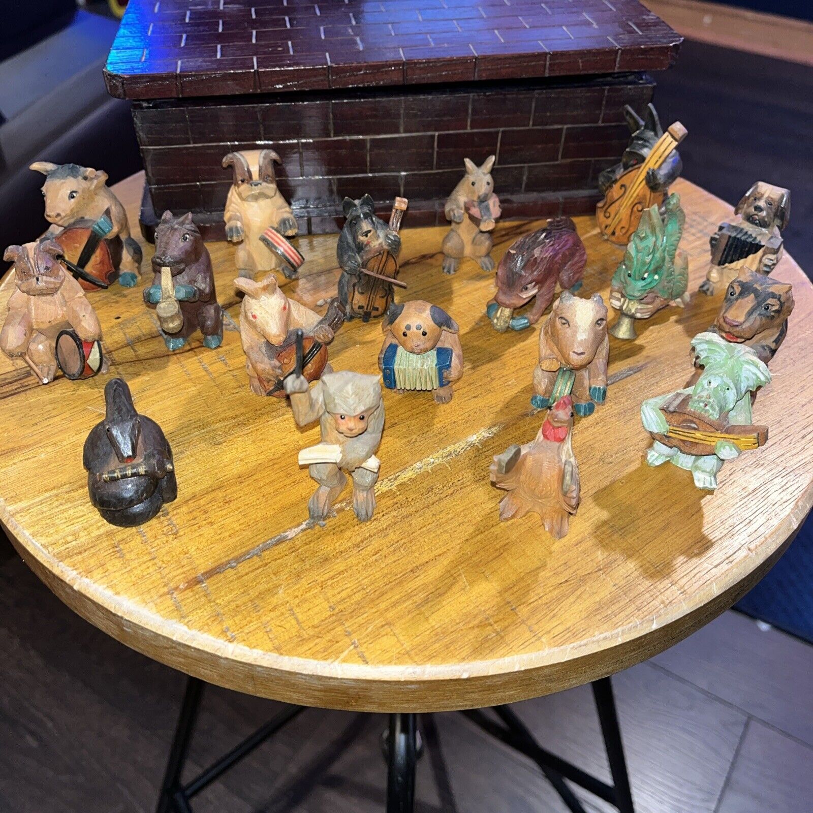 18 Pc Set Anri Hand Carved Wooden Dog Orchestra Band Miniature W/ Box