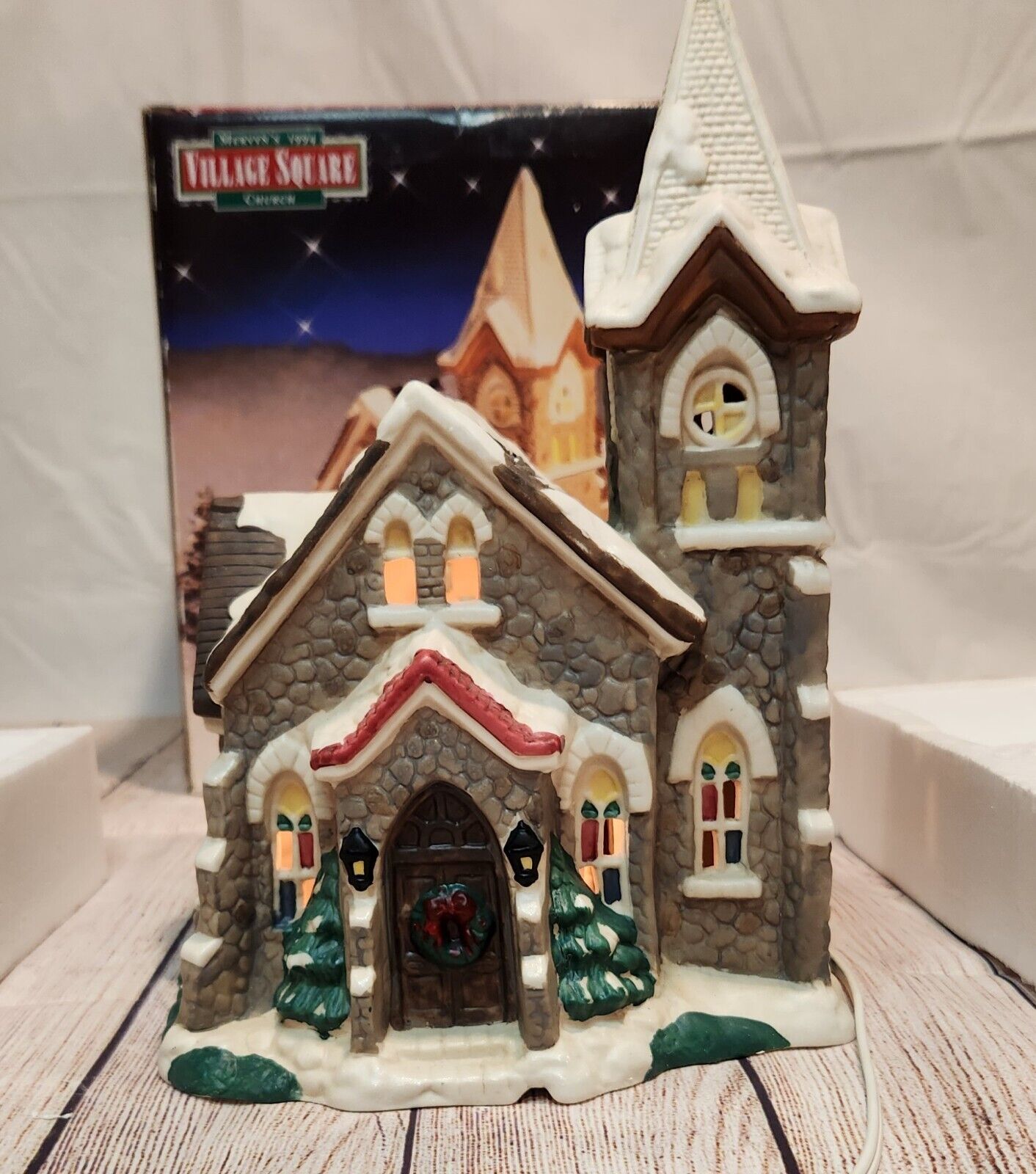 1994 Vintage Mervyns Village Square Church Christmas W/Box & Styrofoam 