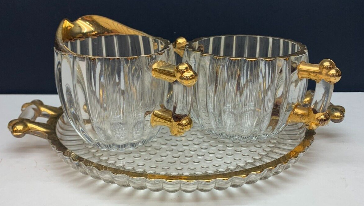 Vintage Jeannette Glass Clear Ribbed Gold Rim Sugar & Creamer with Plate