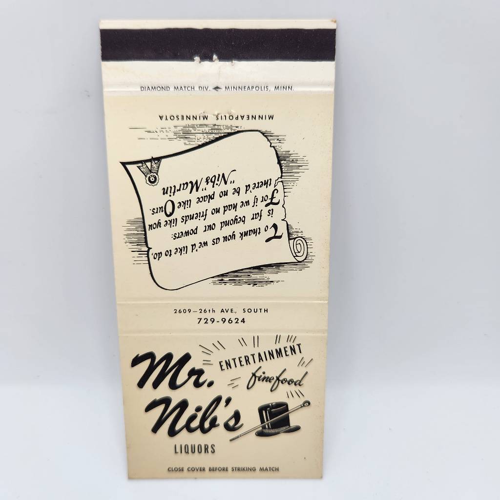 Vintage Matchbook Mr. Nib's Liquor Entertainment Fine Food Minneapolis Minnesota