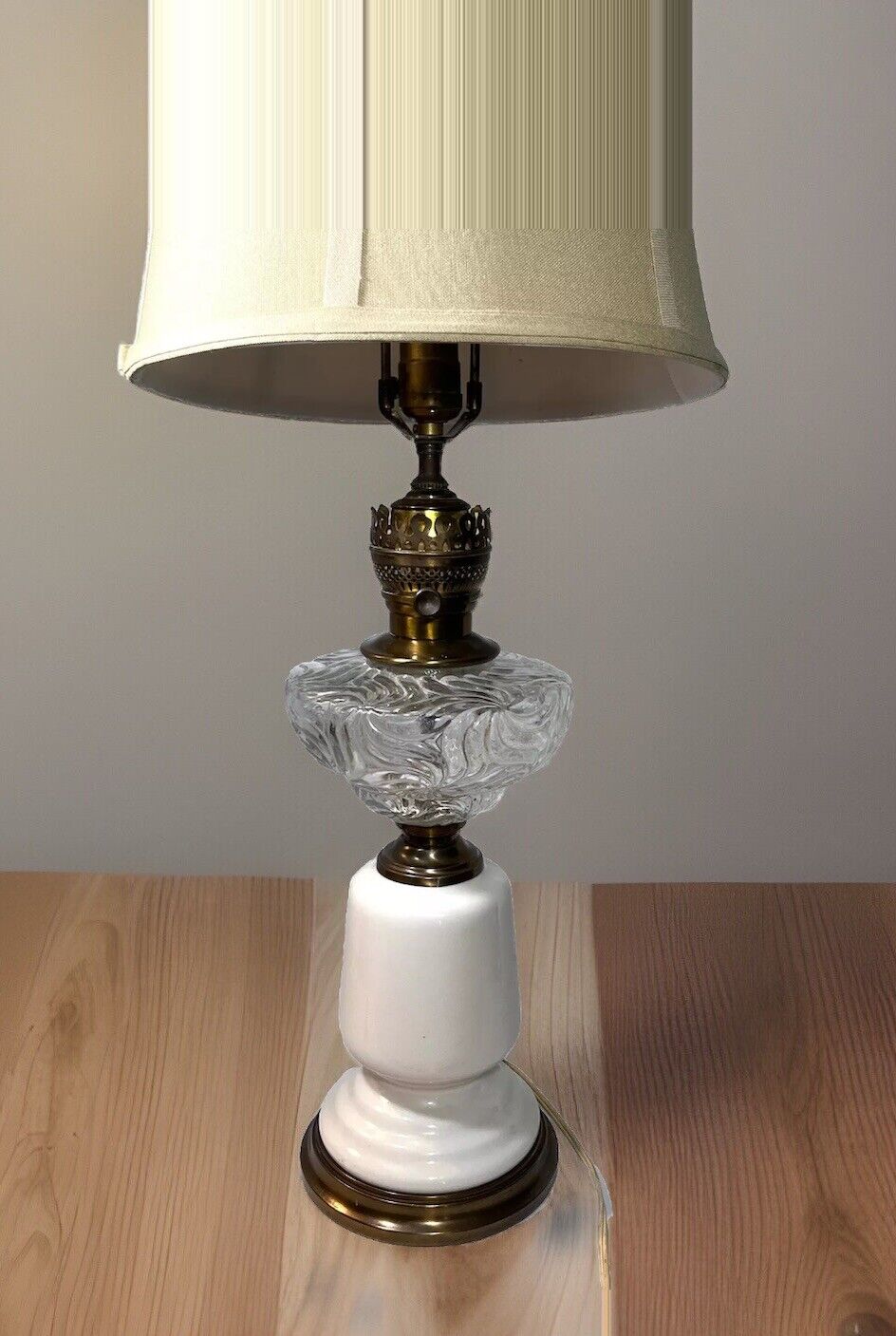 Electrified Victorian Antique Crystal Oil Lamp White Porcelain Column Brass Base