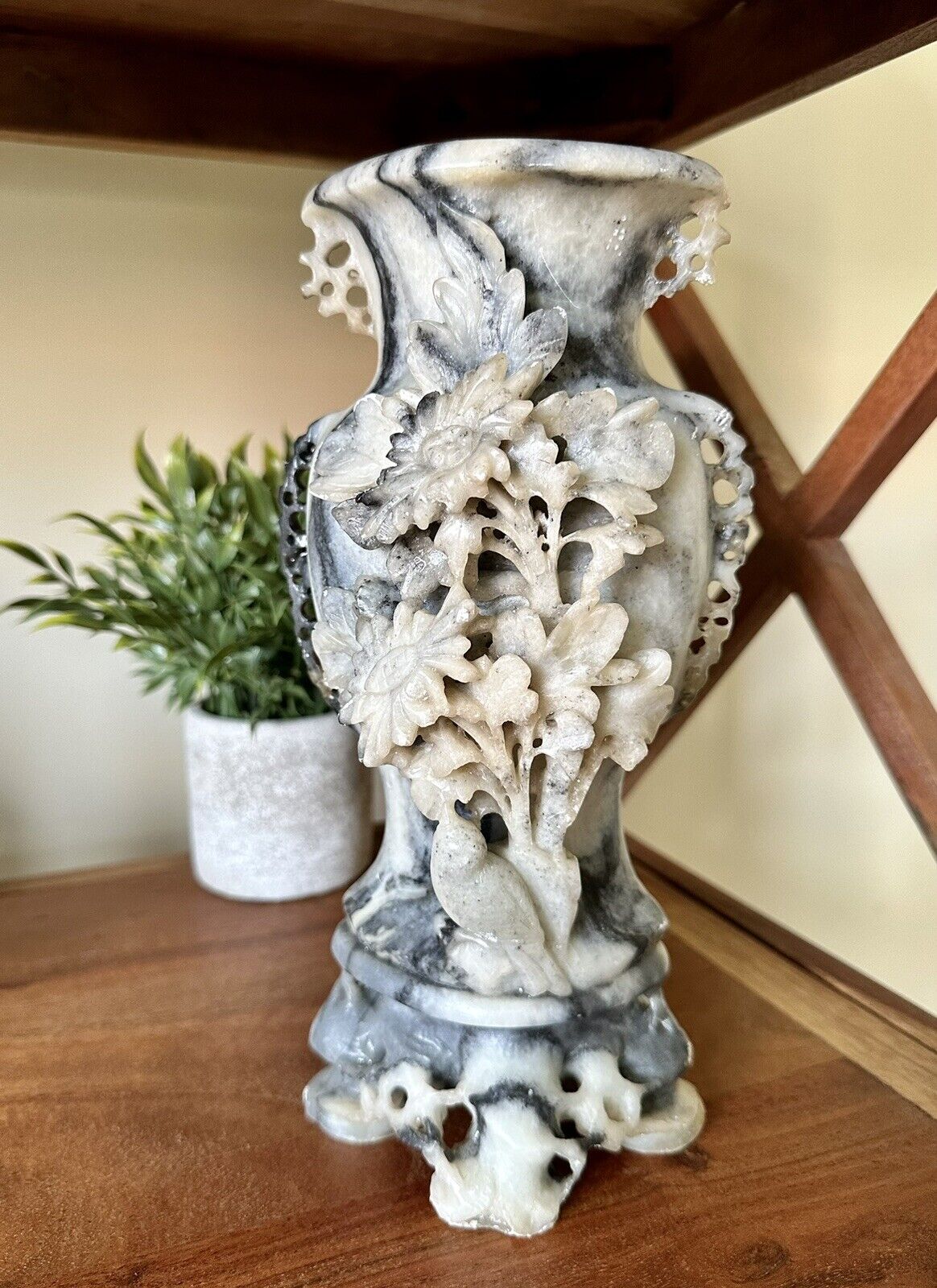 Stunning Antique Carved Stone Vase 10” Tall