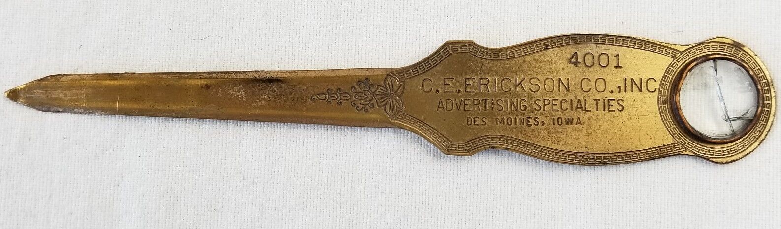 Vintage Advertising C.E. Erickson Co. Iowa Letter Opener brass magnifier rare 