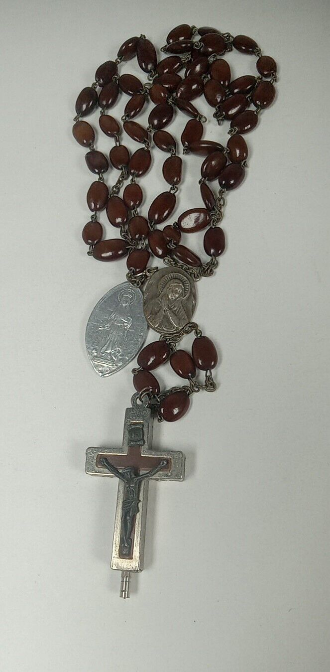 Vintage Roma Italy Rosary Brown Seed Beads Cross Mother Mary Saint Dymphna 