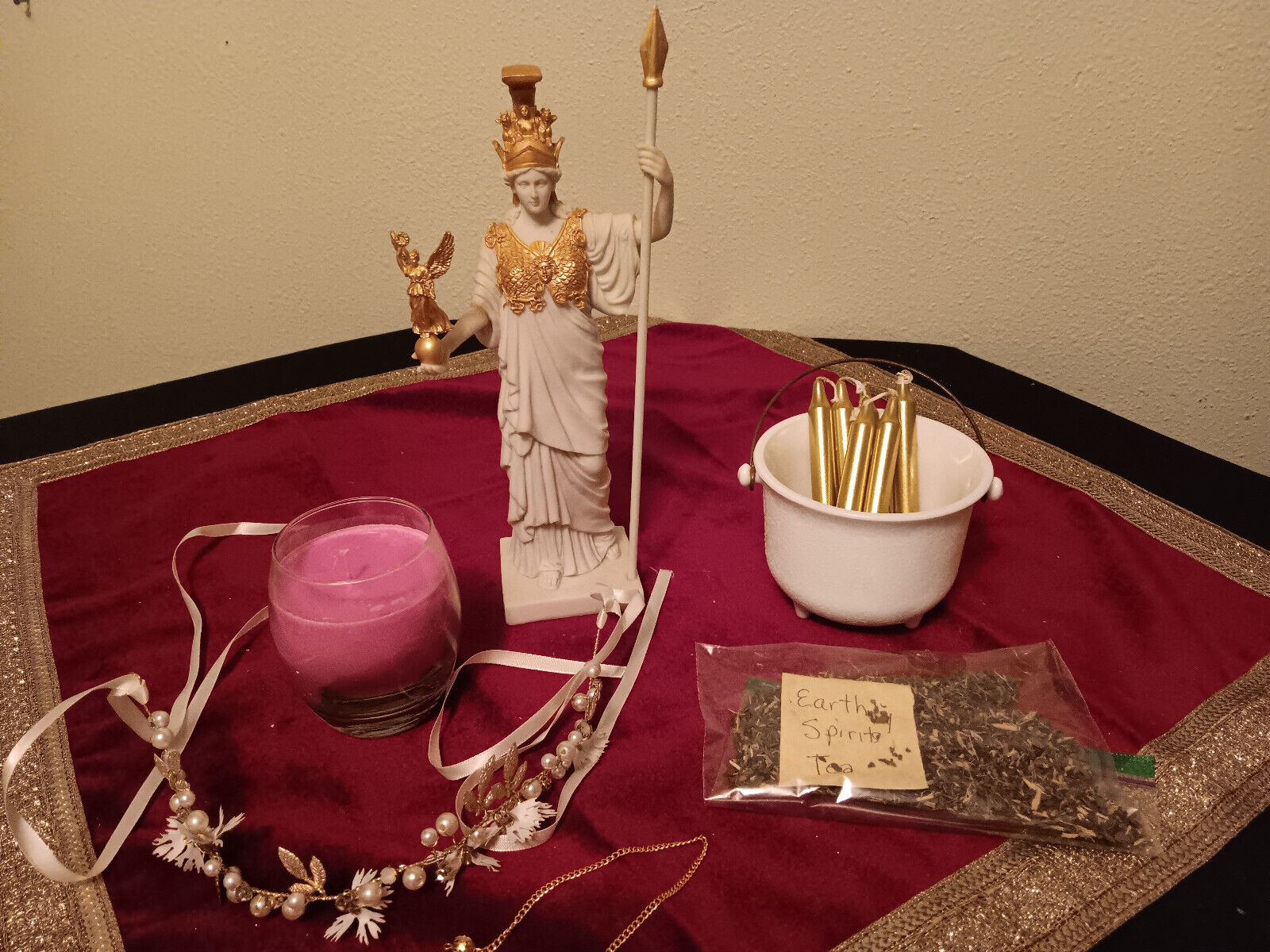 Beautiful Goddess Athena/Sophia, Cauldron, Earth Spirit Tea, Gold Chime Candles