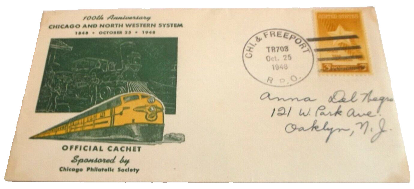 OCTOBER 1948 C&NW CHICAGO & NORTH WESTERN 100TH ANNIVERSARY CACHET ENVELOPE AA