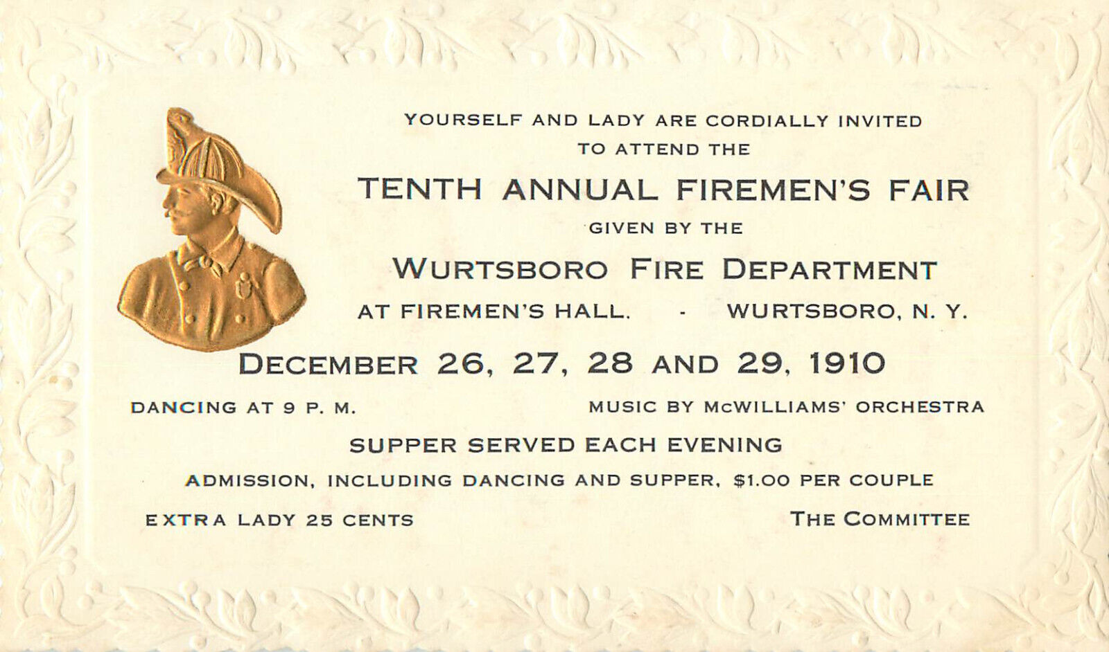 Invitation to Tenth Annual Firemen's Fair Wurtsboro Fire Department NY 1910