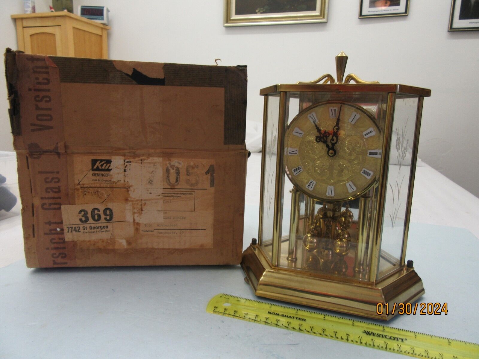 Kundo Vintage Glas Case Clock Kieninger & Obergfell in Original Box from 1951