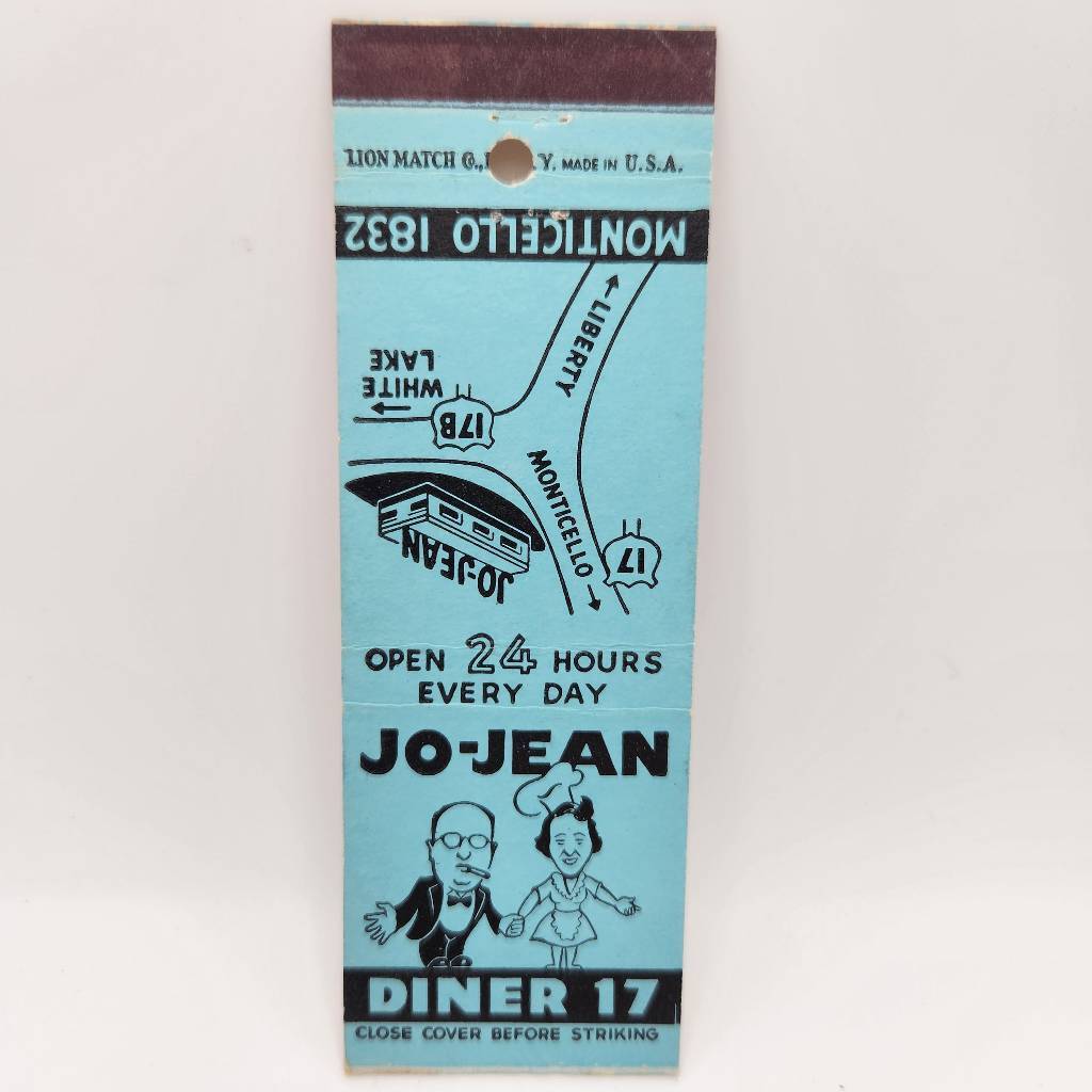Vintage Matchbook Jo-Jean Diner 17 Restaurant Monticello New York